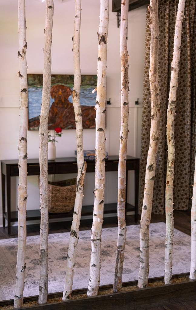 Close-up of birch tree room divider with vintage dog painting and console table glimpsed through the entryway