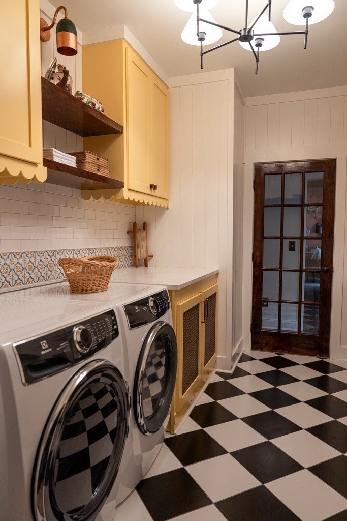 Sunny windowless mudroom with Solaria yellow scalloped cabinetry, retro checkerboard flooring, and copper accents