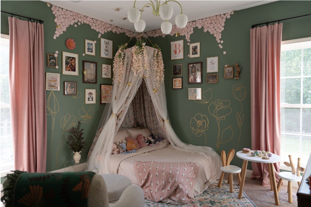Whimsical woodland children's room with canopy bed, sweet florals, golden butterflies and fairy lights